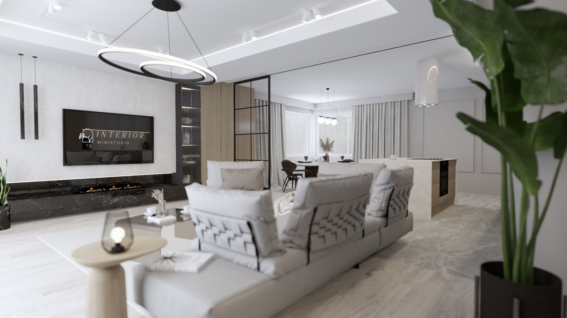 Salon z aneksem kuchennym i jadalnią 