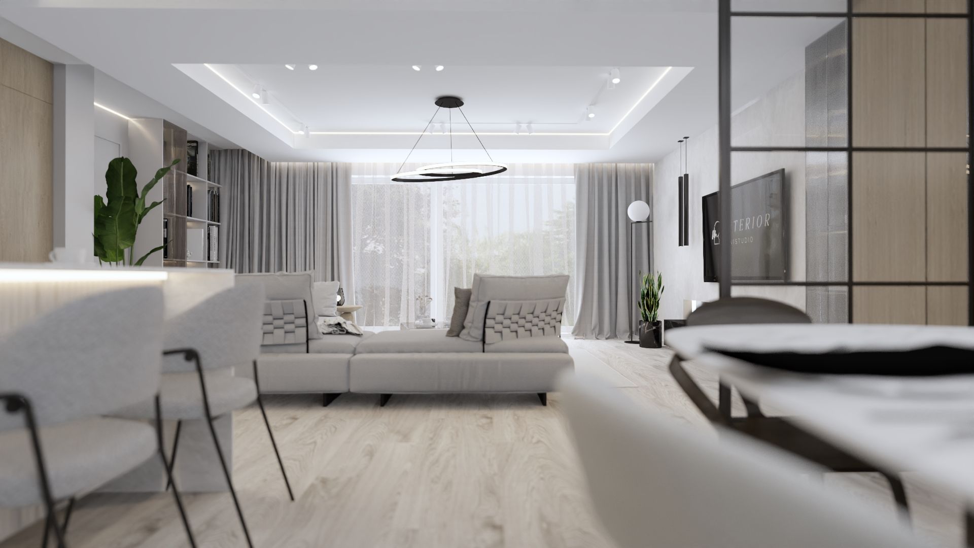 Salon z aneksem kuchennym i jadalnią 