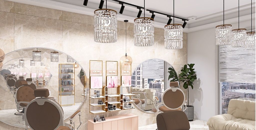 Kompleksowy projekt 3D salonu beauty: stanowisko fryzjerskie, makijaż i pedicure