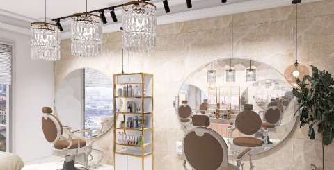 Kompleksowy projekt 3D salonu beauty: stanowisko fryzjerskie, makijaż i pedicure