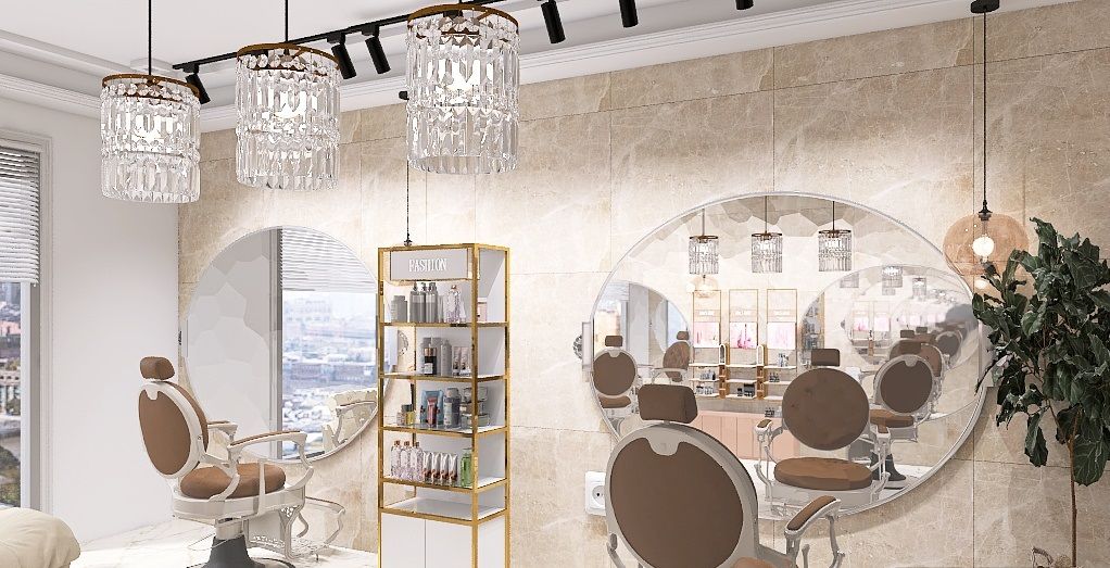 Kompleksowy projekt 3D salonu beauty: stanowisko fryzjerskie, makijaż i pedicure