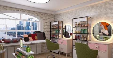 Kompleksowy projekt 3D salonu beauty: stanowisko fryzjerskie, makijaż i pedicure