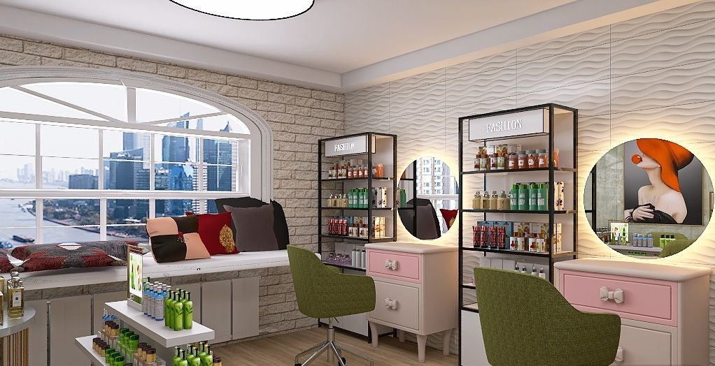 Kompleksowy projekt 3D salonu beauty: stanowisko fryzjerskie, makijaż i pedicure