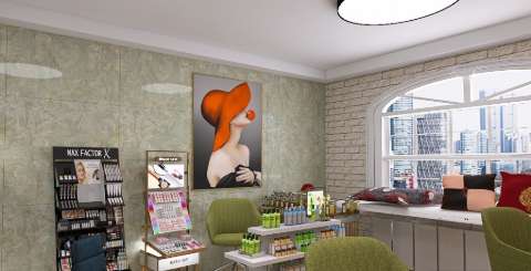 Kompleksowy projekt 3D salonu beauty: stanowisko fryzjerskie, makijaż i pedicure