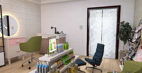 Kompleksowy projekt 3D salonu beauty: stanowisko fryzjerskie, makijaż i pedicure