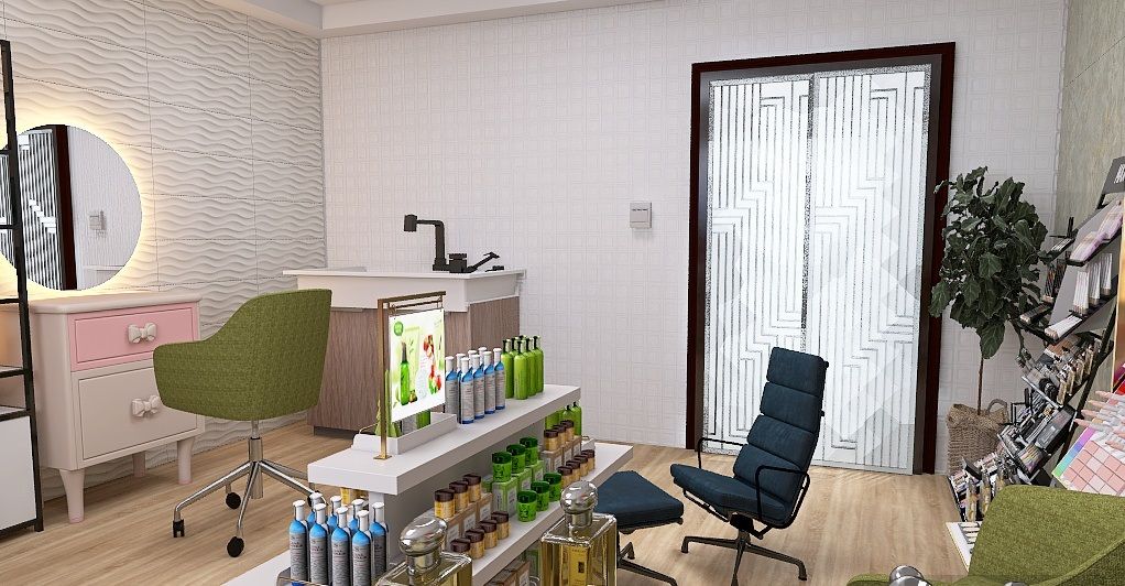 Kompleksowy projekt 3D salonu beauty: stanowisko fryzjerskie, makijaż i pedicure